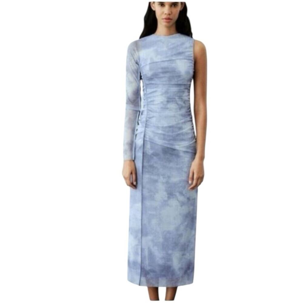 Zara NWTs One Sleeve Asymetric Mesh Blue Midi Dress size large